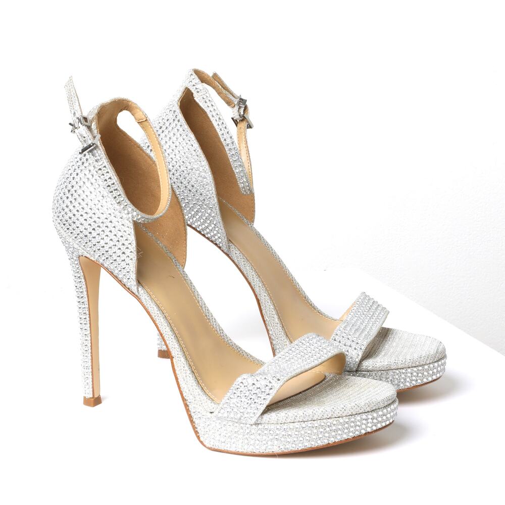 MICHAEL KORS Jordyn Silver Crystal Embellished Mesh Platform High Heel Sandals